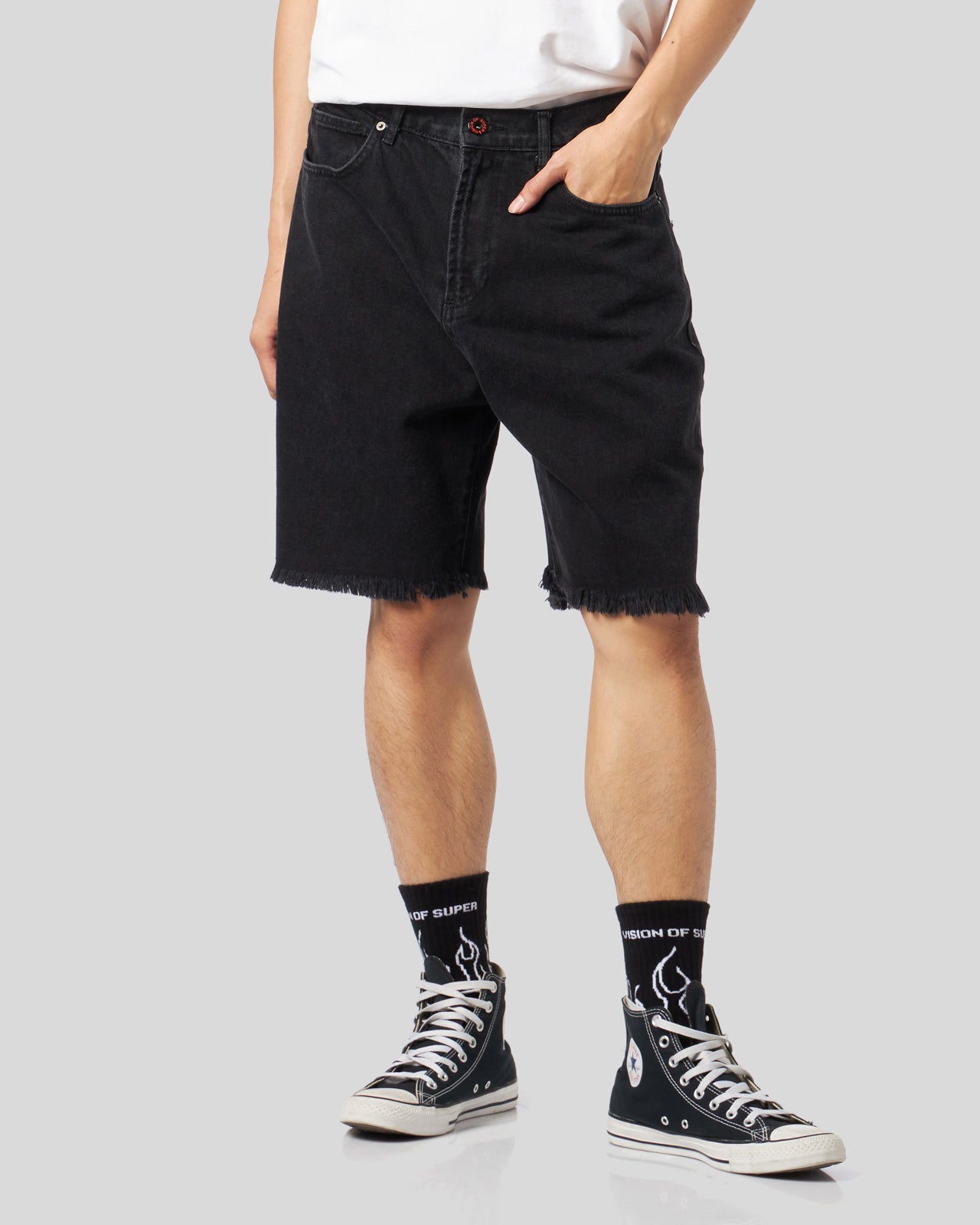 BLACK DENIM SHORTS WITH PRINTED LOGO AND FLAMES PATCH