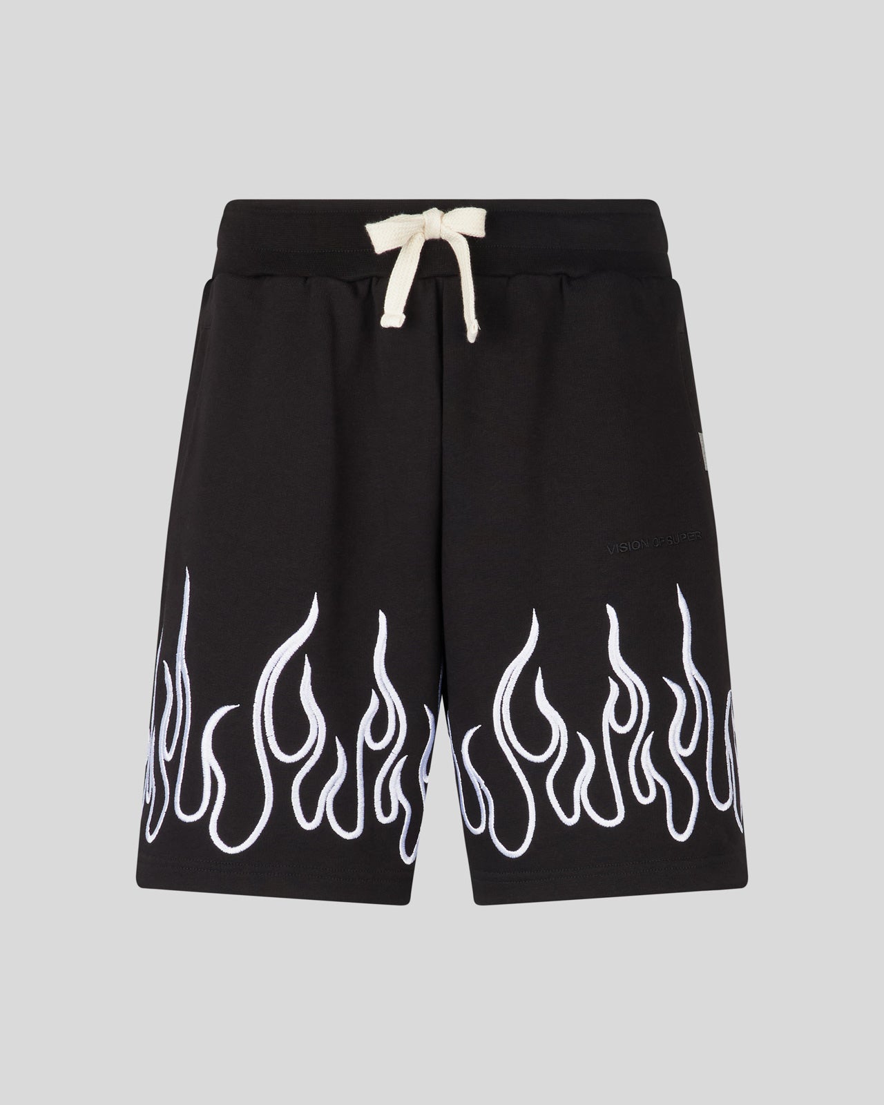 BLACK SHORTS WITH EMBROIDERED WHITE FLAMES