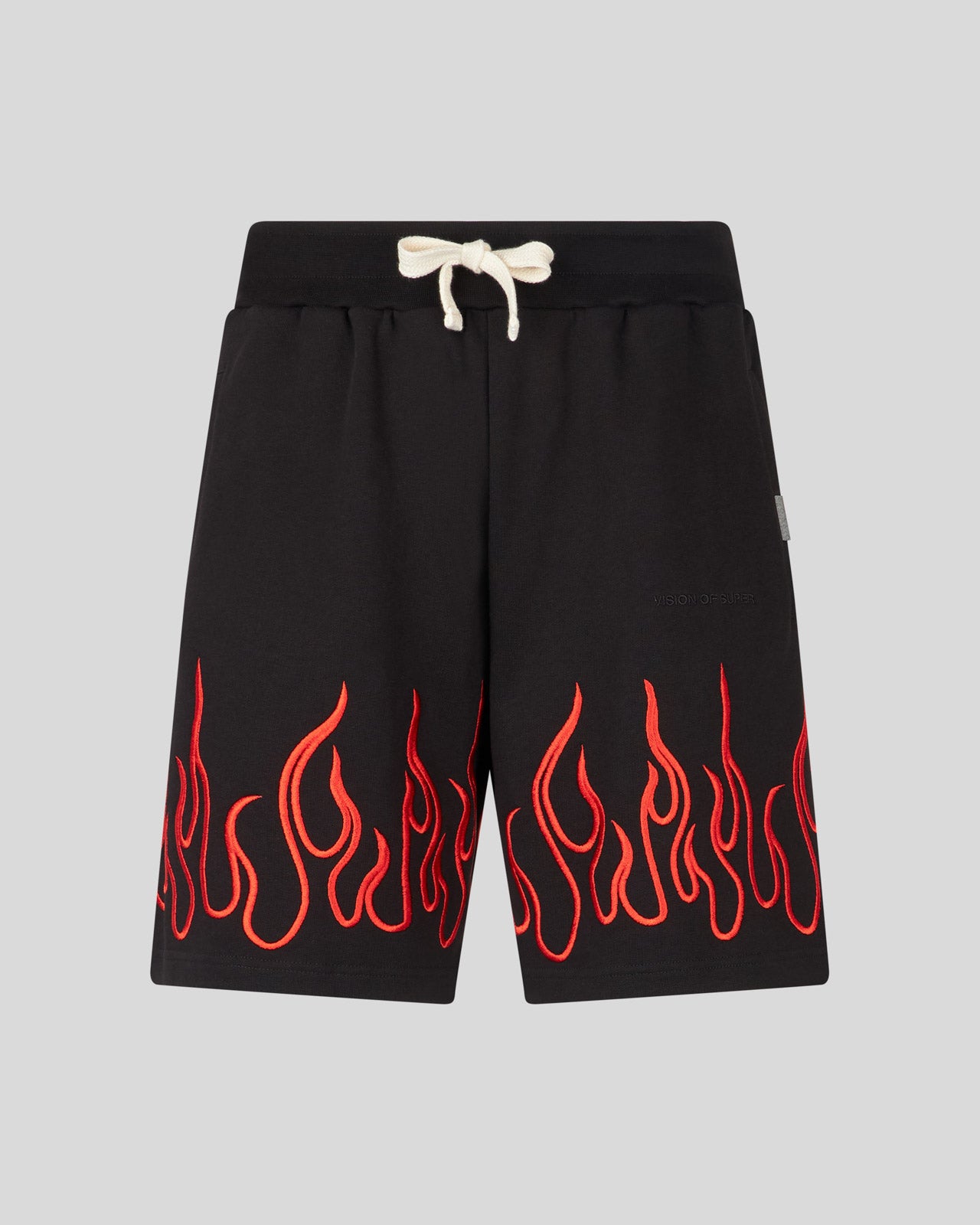 BLACK SHORTS WITH EMBROIDERED RED FLAMES