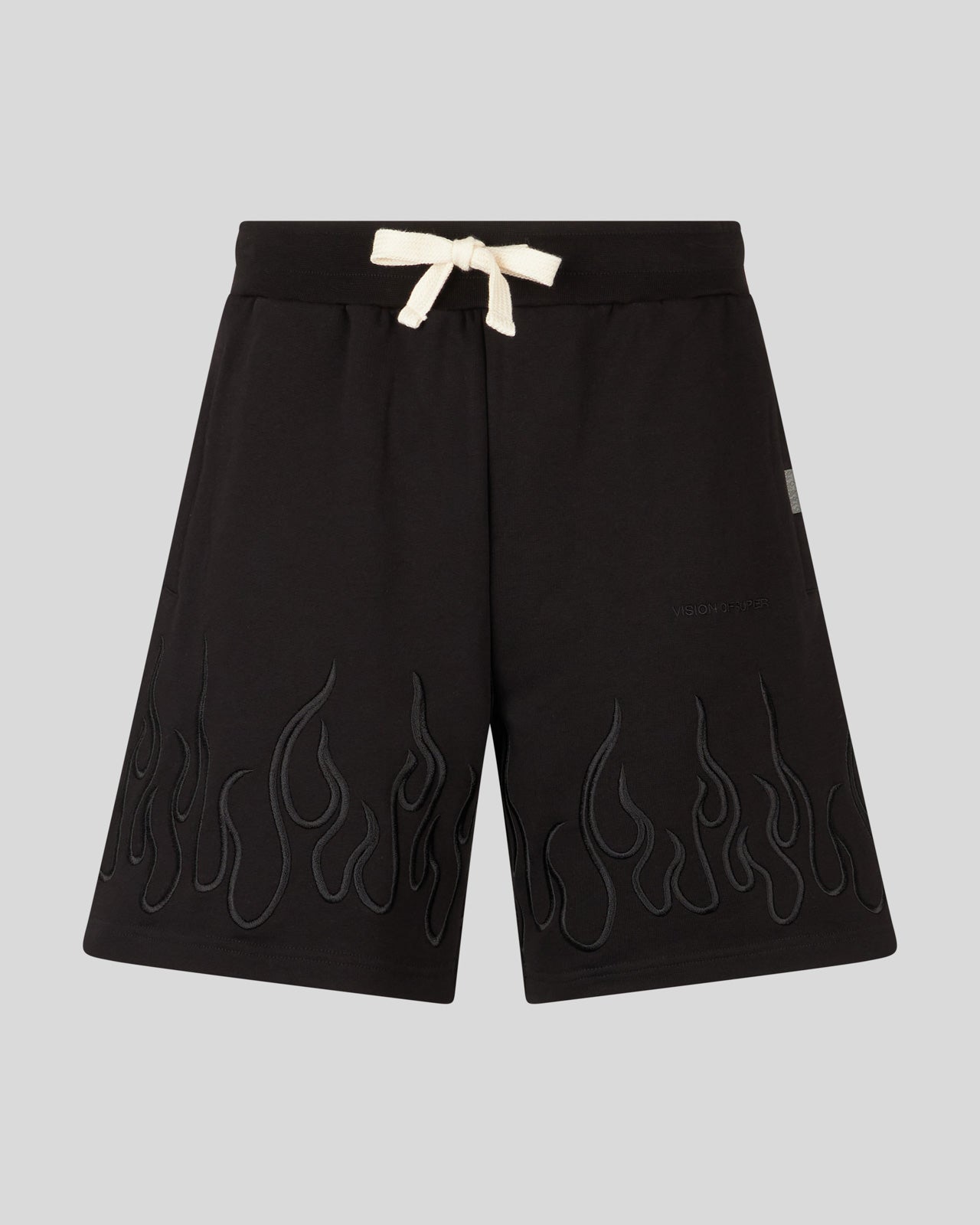 BLACK SHORTS WITH EMBROIDERED BLACK FLAMES