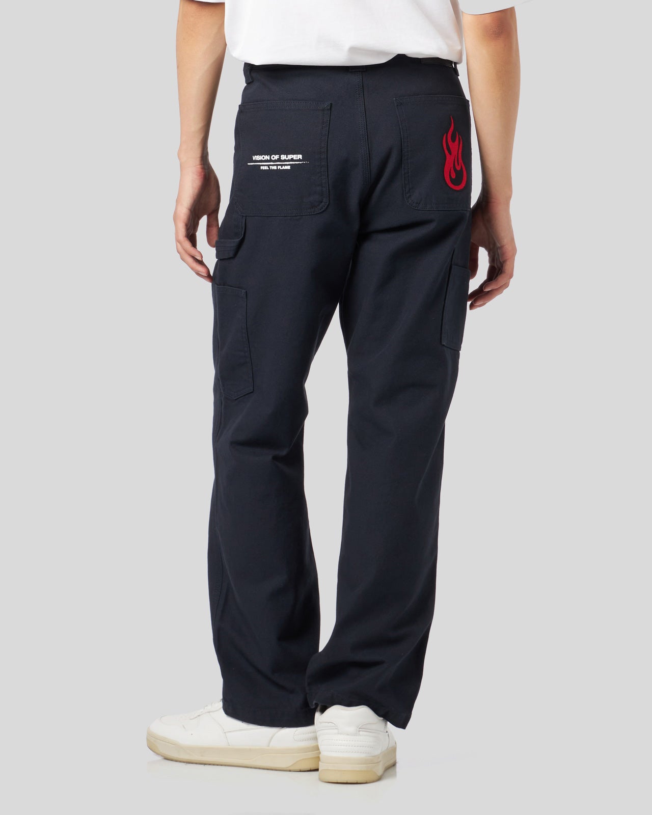 DARK BLUE WORKER PANTS WITH ICONIC FLAMES PATCH