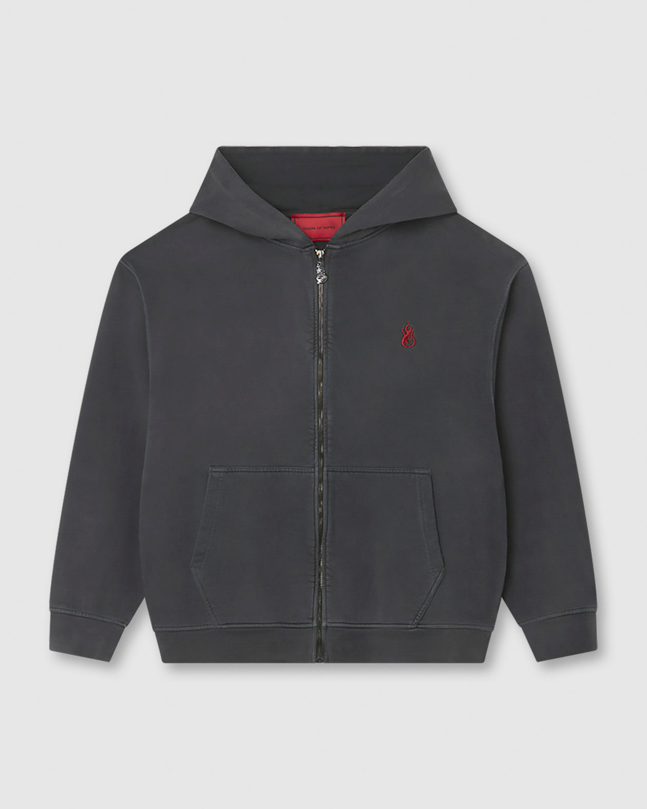 Vision Of Super COLD WASH HOODIE ZIP WITH RED FLAME METAL LABEL AND PRINTED LOGO