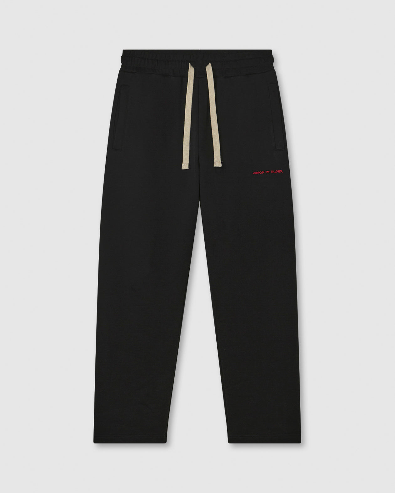 Vision Of Super BLACK SWEATPANTS WITH WHITE COULISSE EMBROIDERED FLAMES ON POCKET AND RED LABEL ON BACK LEFT LEG