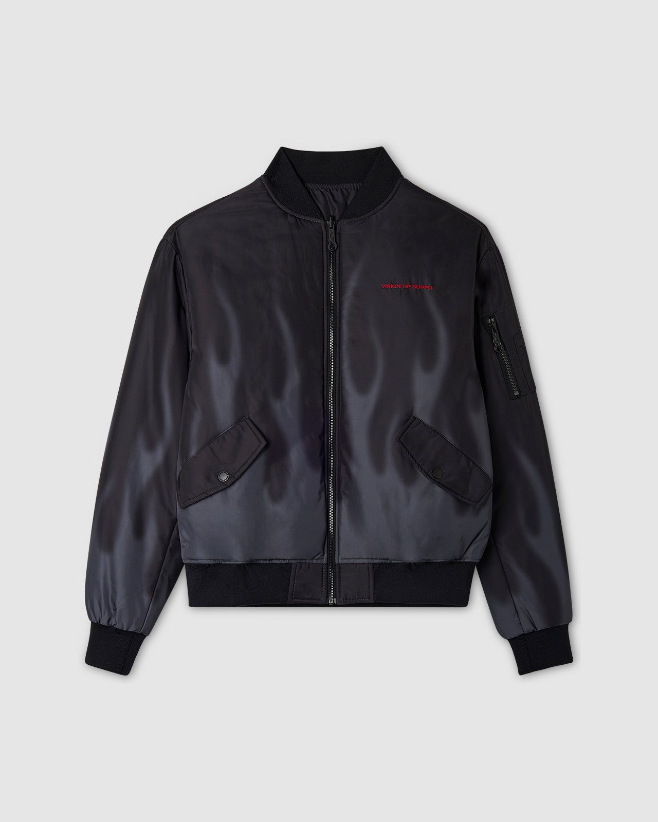 Vision Of Super BLACK BOMBER WITH DIGITAL PRINT LASER FLAMES AND RED EMBROIDERED LOGO