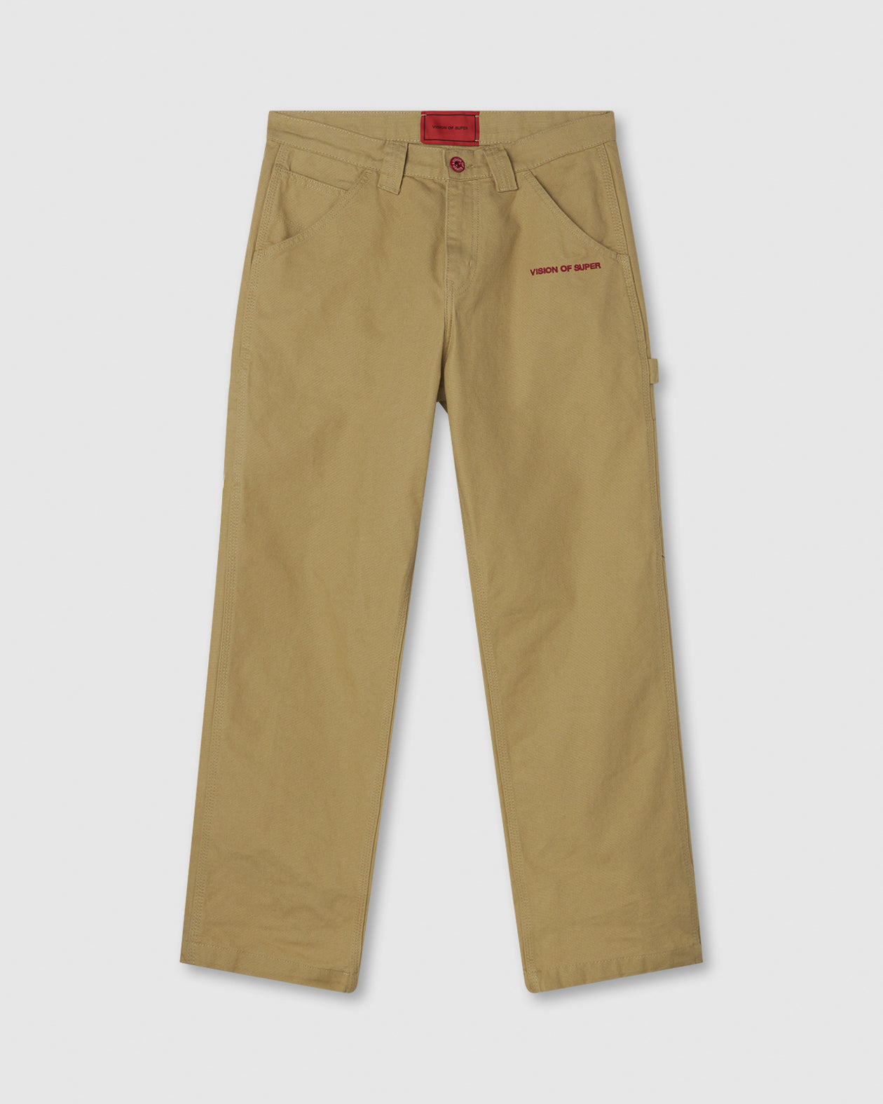 Vision Of Super BEIGE WORKER DENIM WITH EMBROIDERED FLAMES ON POCKETS AND RED NEW BIG LABEL