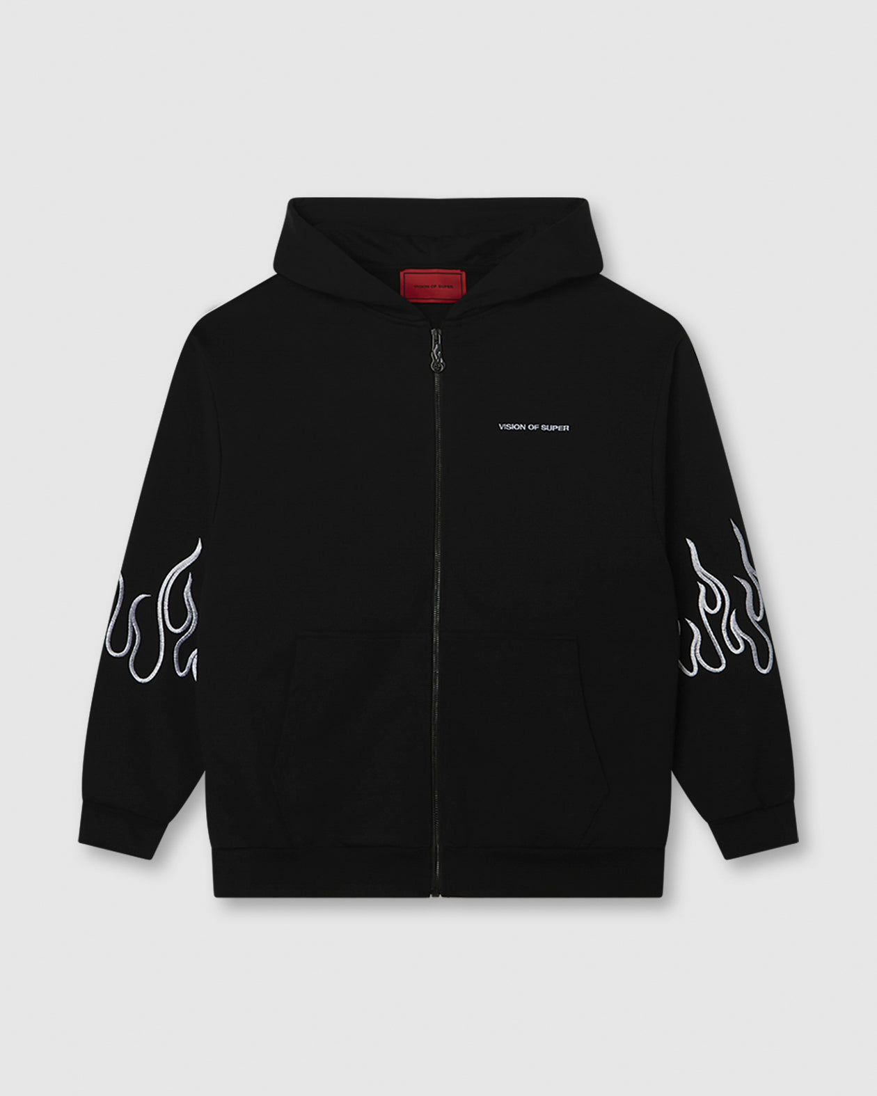 Vision Of Super BLACK HOODIE ZIP WITH EMBROIDERED WHITE LOGO EMBROIDERED WHITE FLAMES AND METAL LABEL + BUTTON