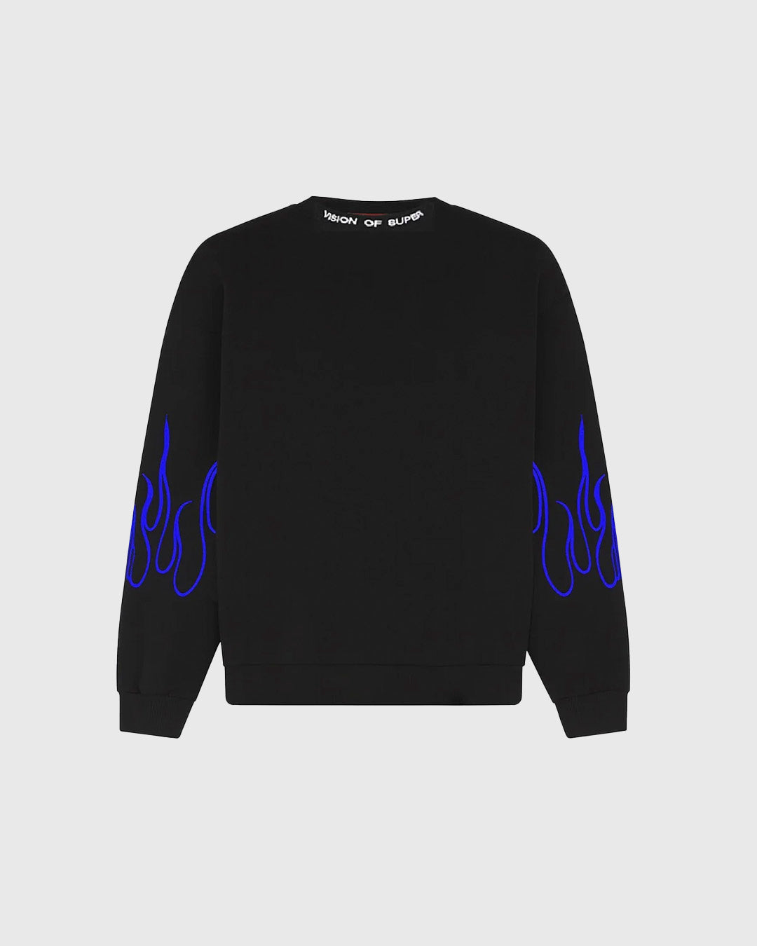 BLACK CREWNECK WITH EMBROIDERED BLUE FLAMES, WHITE LOGO