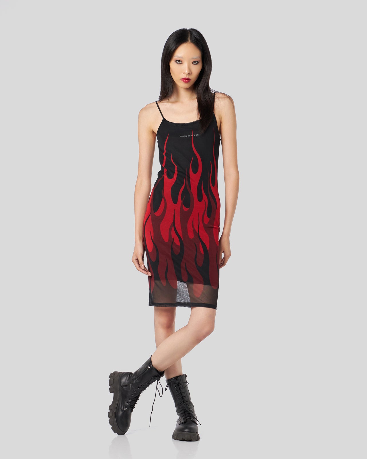 BLACK TULLE DRESS WITH RED FLAMES
