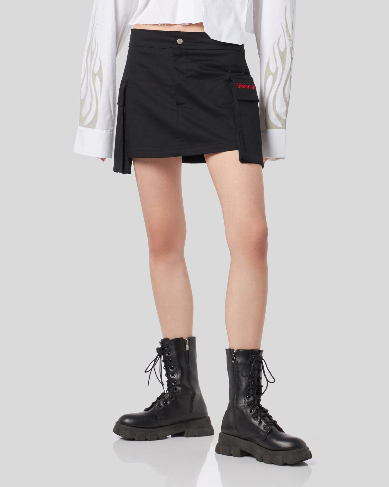 BLACK CARGO SKIRT WITH EMBROIDERED GOTIC LOGO