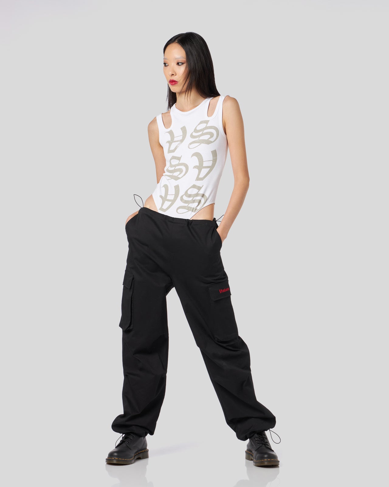 BLACK CARGO PANTS WITH EMBROIDERED GOTIC LOGO