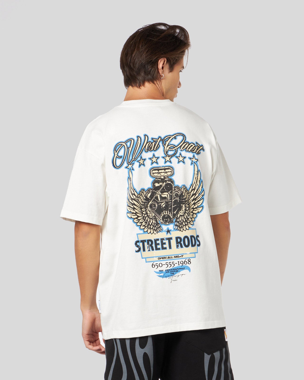 WHITE T-SHIRT WITH BLUE MOTOR PRINT
