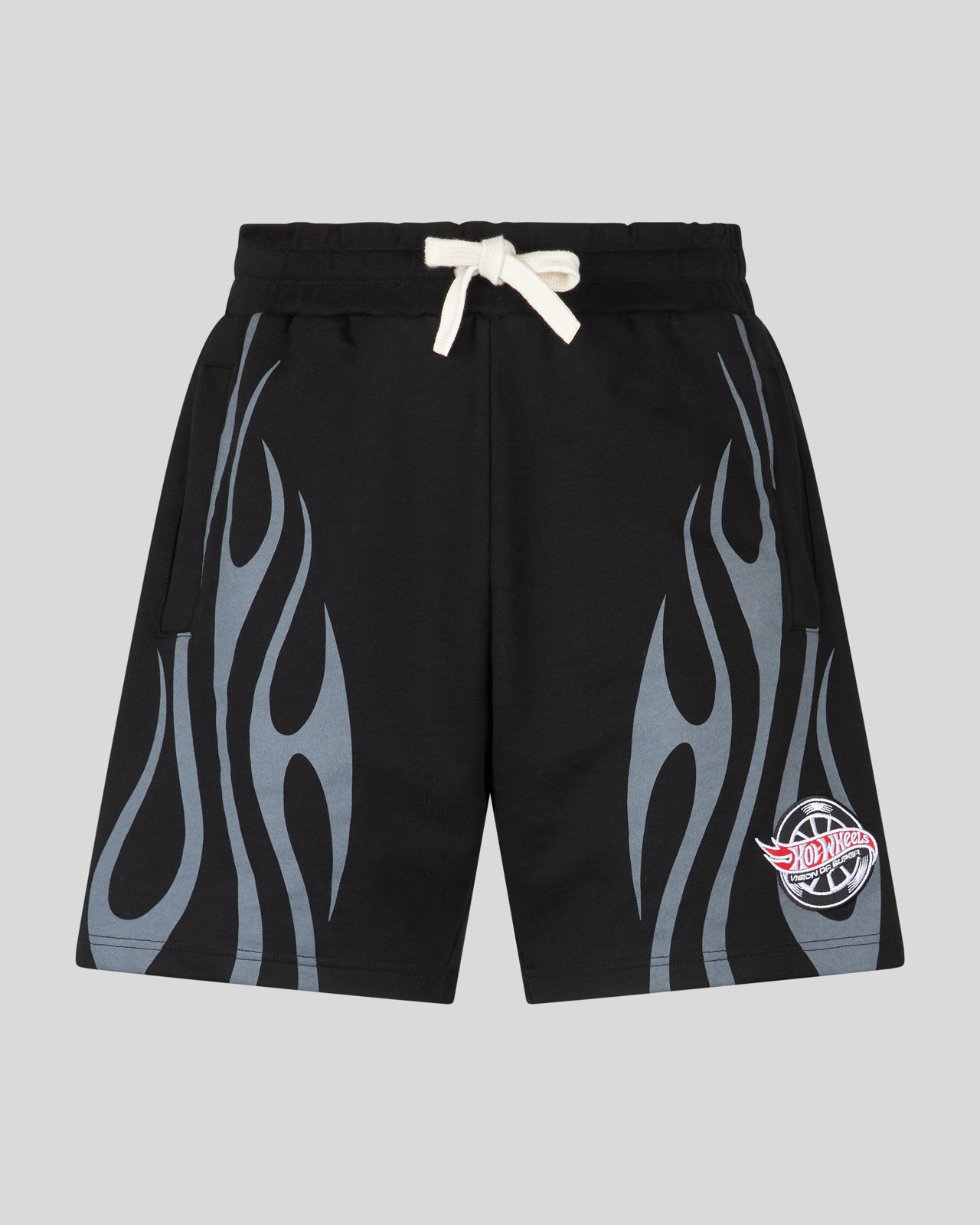 BLACK SHORTS WITH FLAMES AND COLLAB LOGO