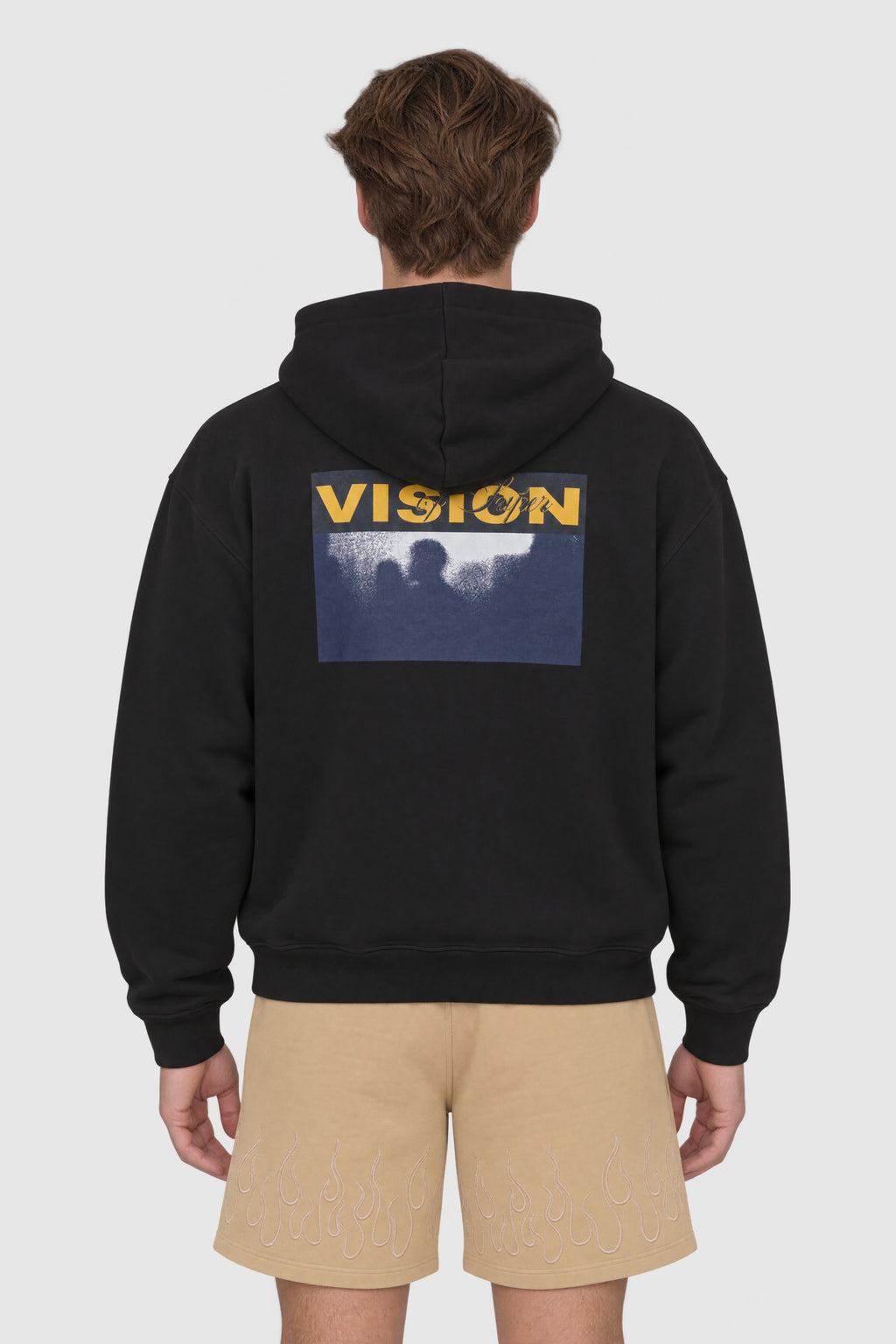 Felpa con cappuccio, logo ricamato e stampa Vision – Nero – su modello, retro