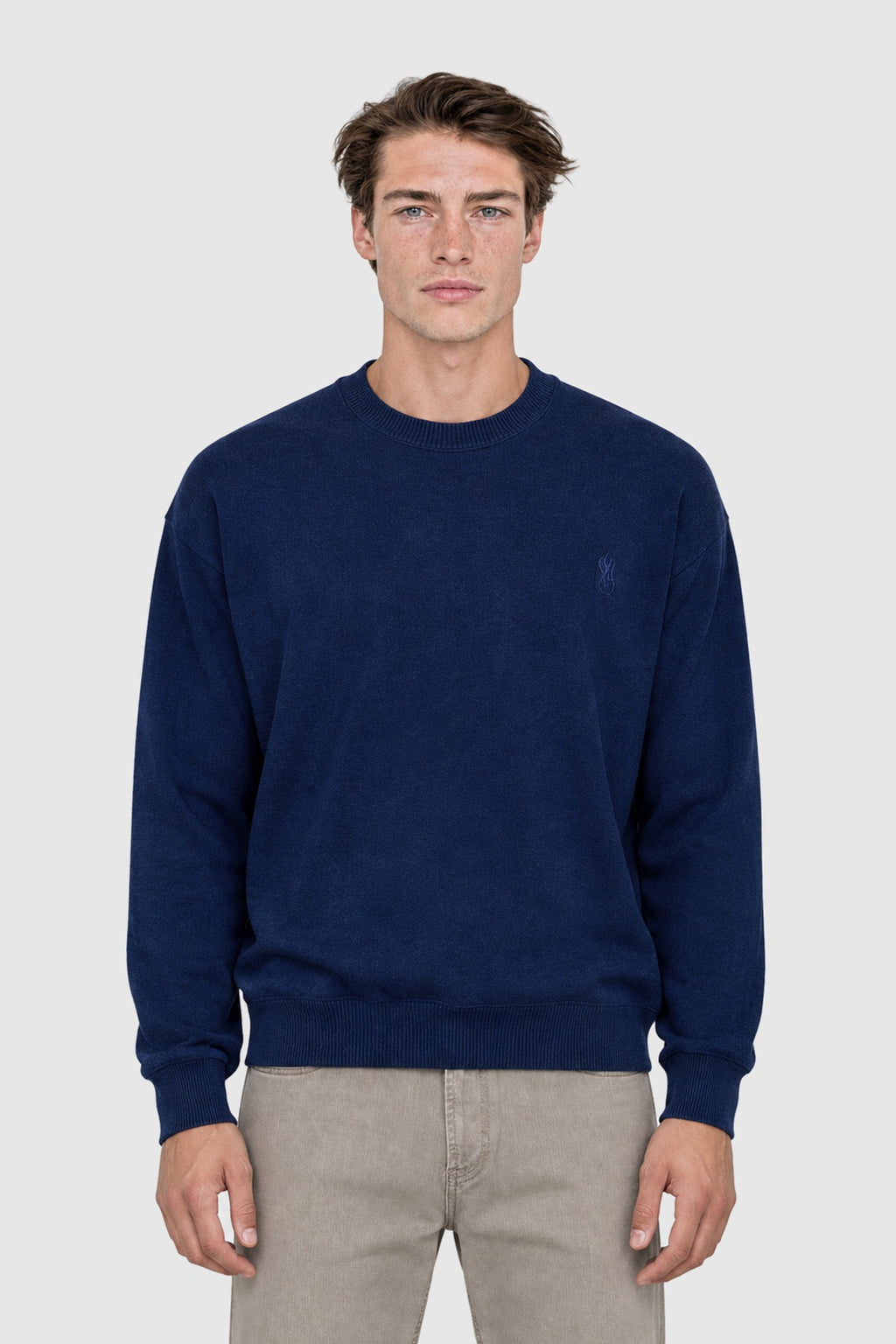 Maglione girocollo in cotone e lana – Blu