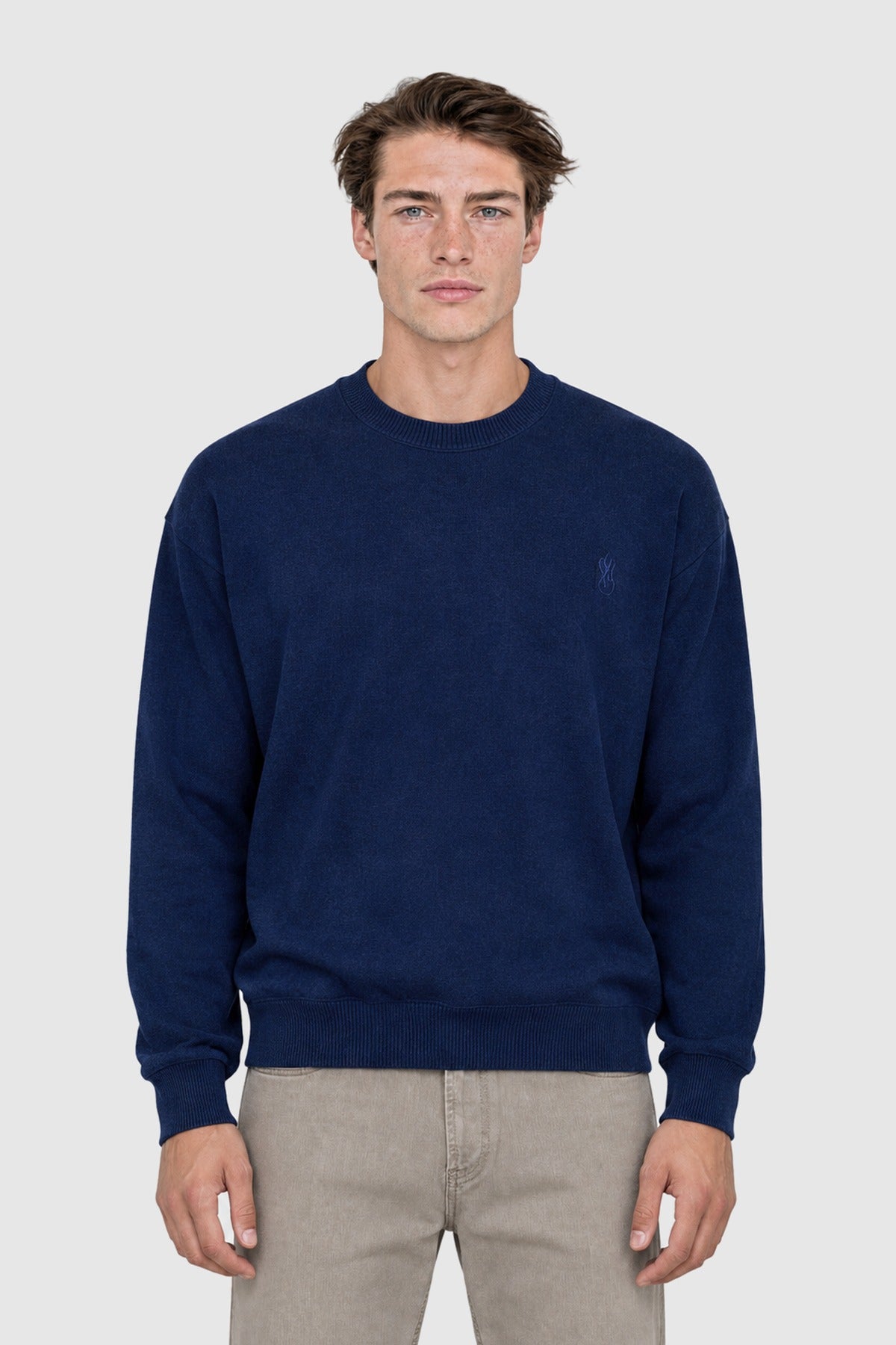 Maglione girocollo in cotone e lana – Blu