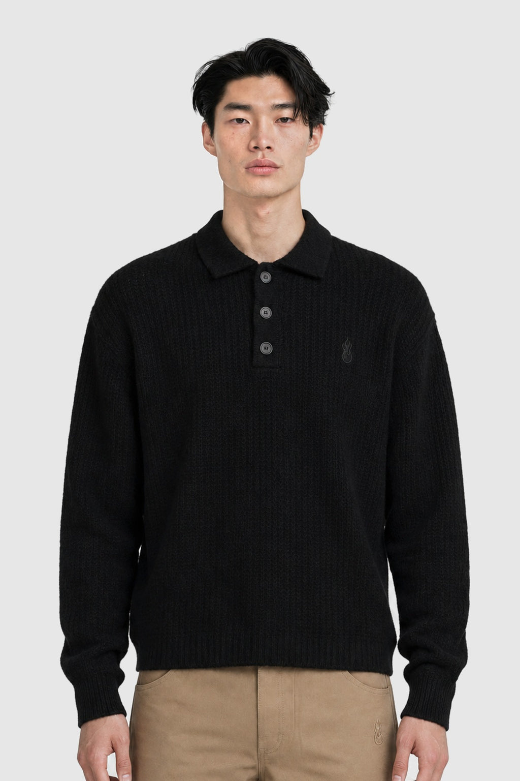 Cotton and wool knit polo – Black