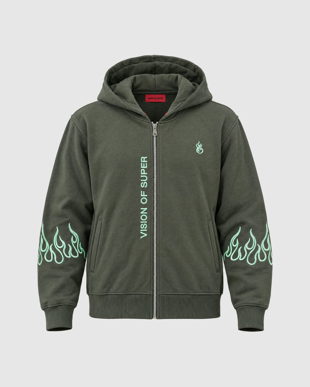 Tuta con fiamme, felpa con zip e pantalone – Verde scuro – felpa