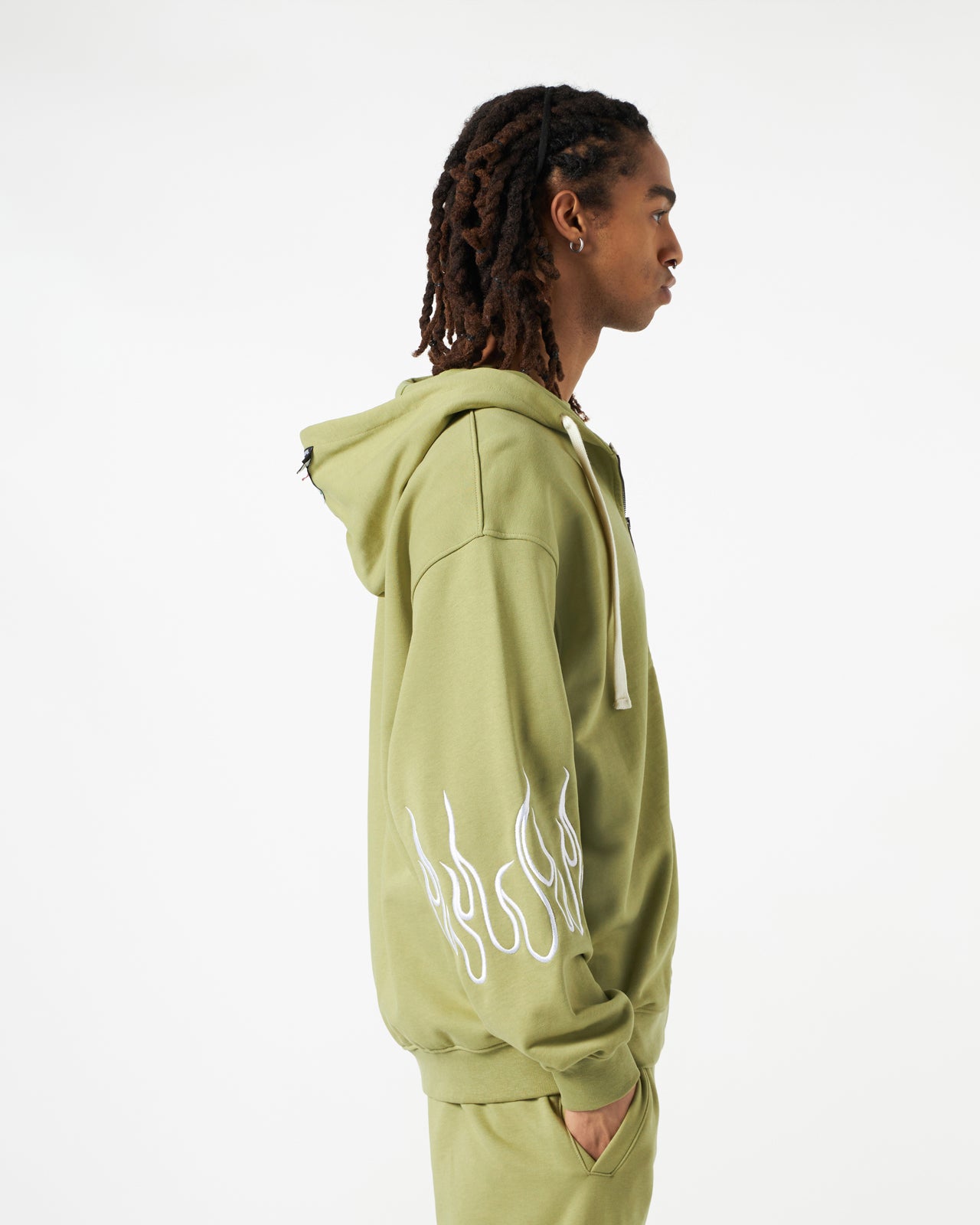 Green Zip Hoodie with Embroidery Flames