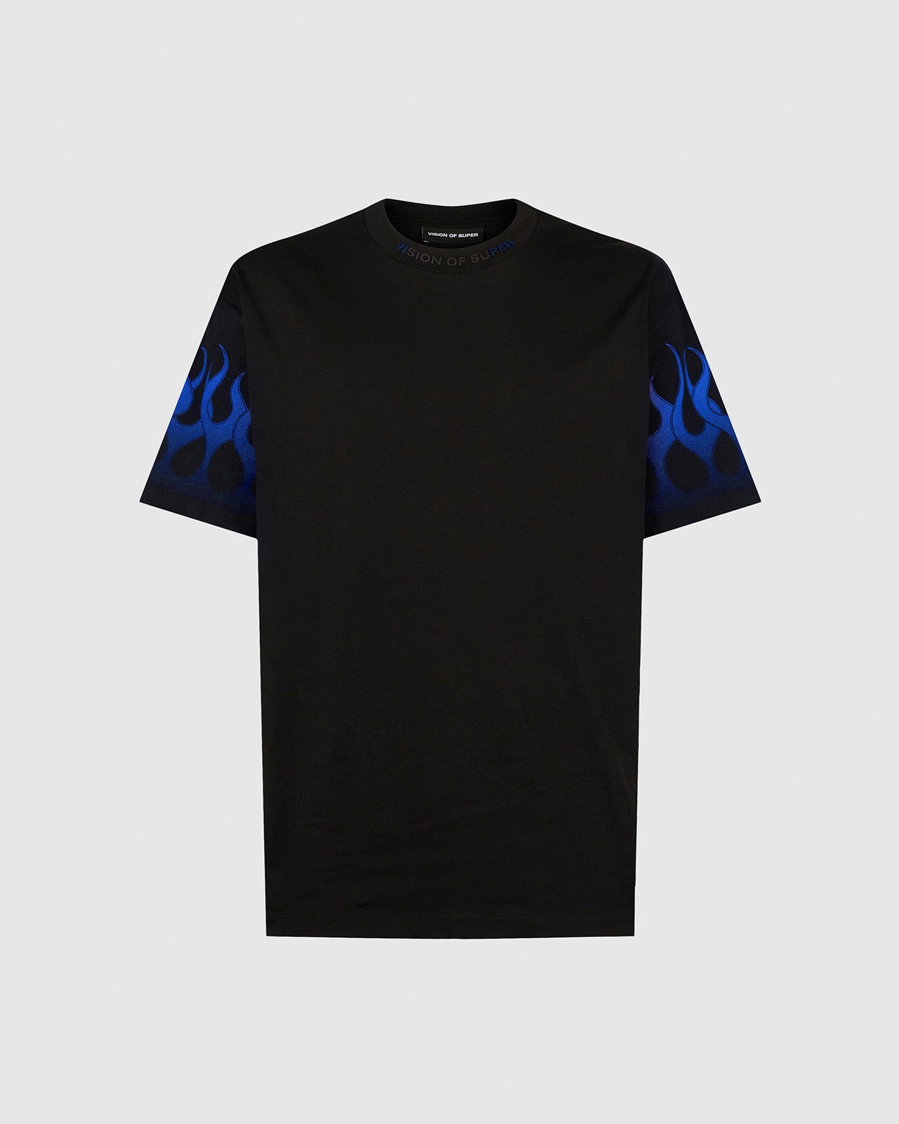 T-shirt Nera con Fiamme Blu