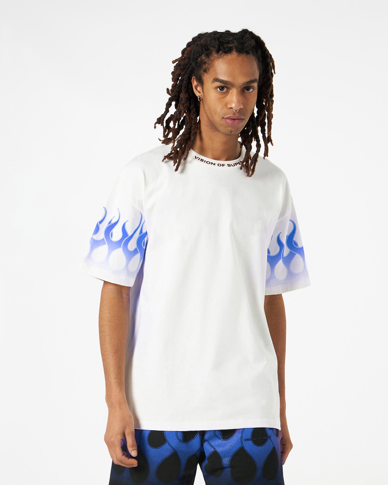 White T-shirt with Blue Flames