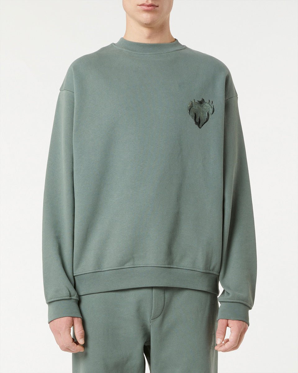 BALSAM GREEN CREWNECK WITH EMBROIDERED FLAMING HEART - Vision of Super