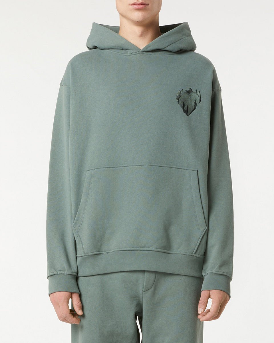 BALSAM GREEN HOODIE WITH EMBROIDERED FLAMING HEART - Vision of Super