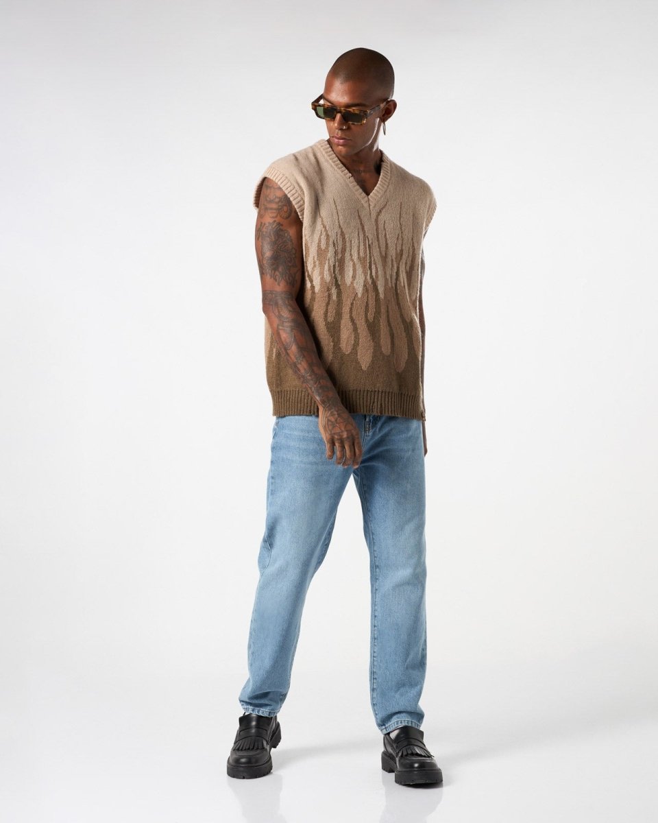 SAND KNITWEAR VEST WITH DOUBLE FLAMES