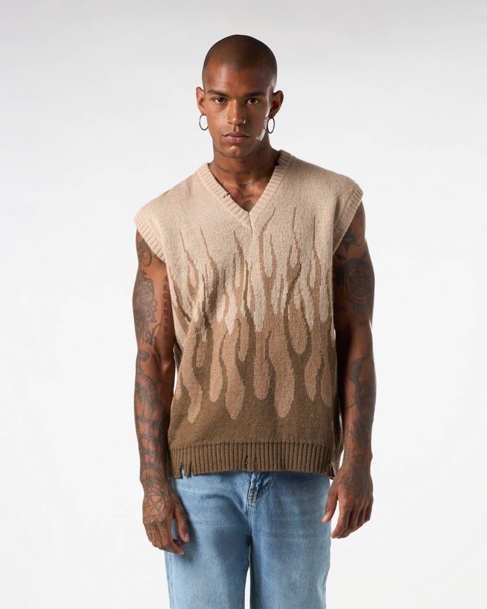 SAND KNITWEAR VEST WITH DOUBLE FLAMES