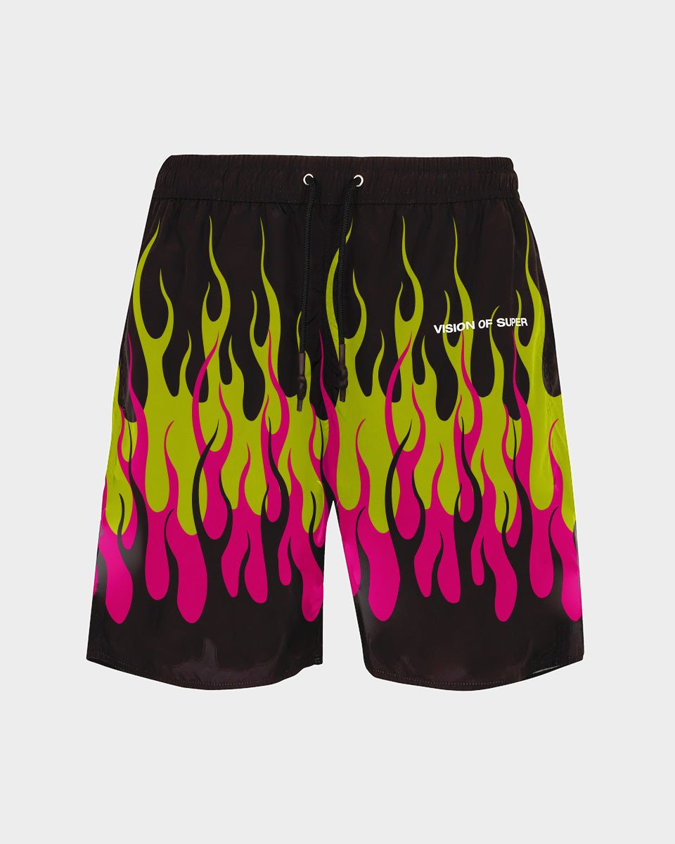 BLACK BEACHWEAR WITH GREEN AND PINK PRINTED FLAMES - Vision of Super