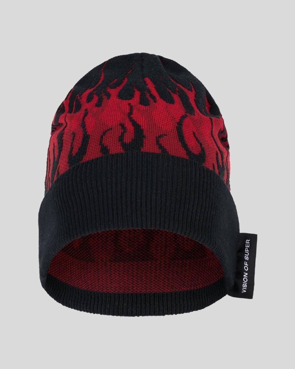 BLACK BEANIE WITH RED FLAMES AND LABEL - Vision of Super