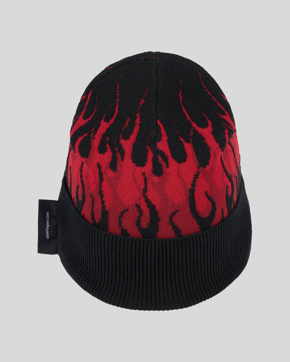 BLACK BEANIE WITH RED FLAMES AND LABEL