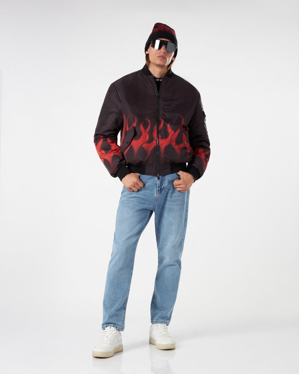 BLACK BOMBER WITH RED PRINT FLAMES - Vision of Super