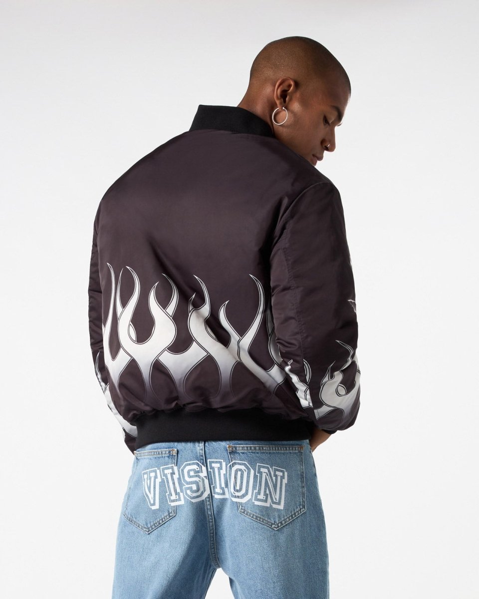 BLACK BOMBER WITH WHITE PRINT FLAMES - Vision of Super