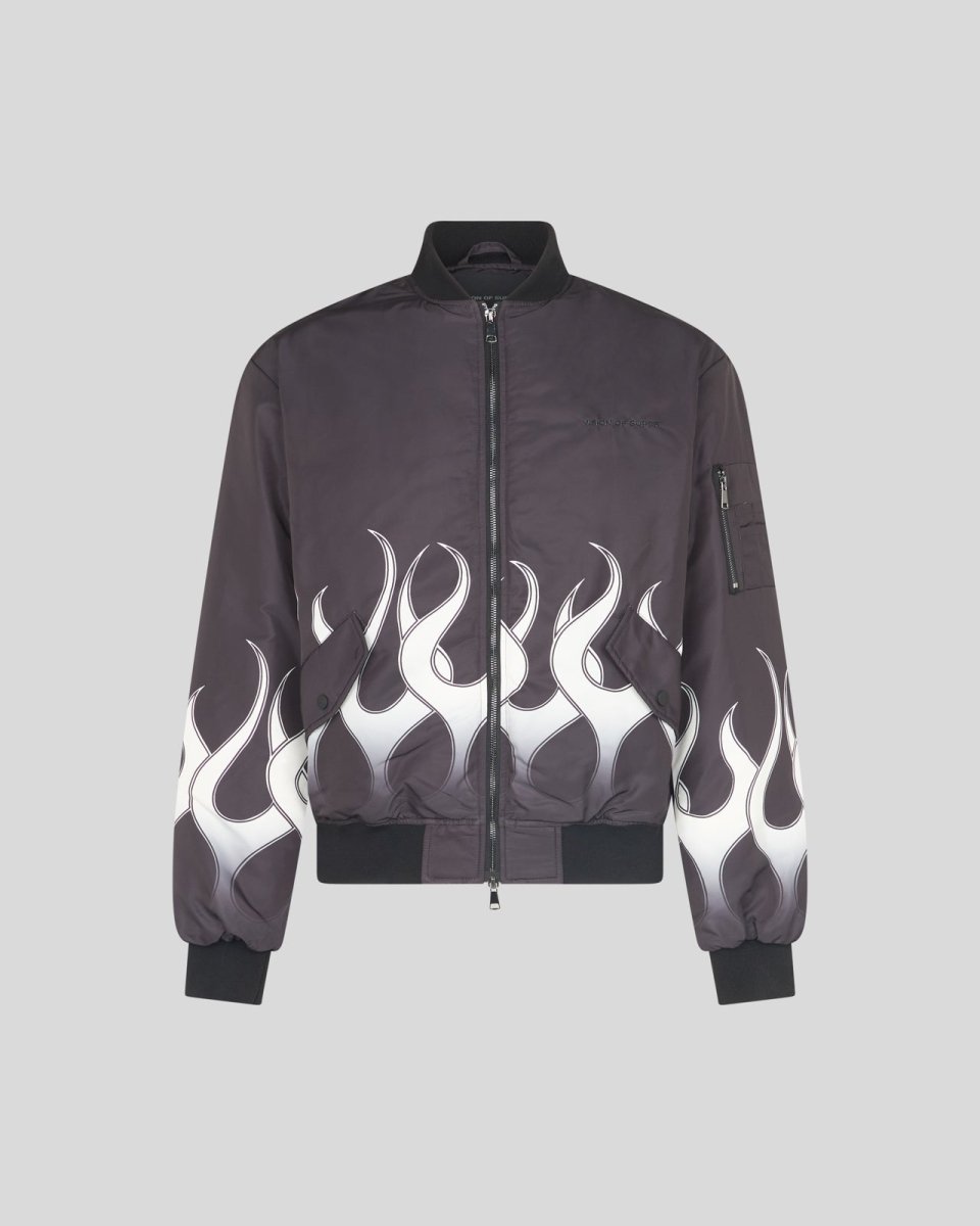 BLACK BOMBER WITH WHITE PRINT FLAMES - Vision of Super