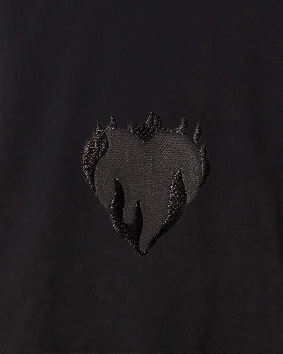 BLACK CREWNECK WITH EMBROIDERED FLAMING HEART