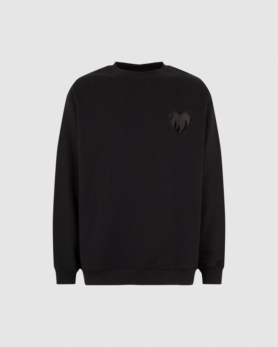 BLACK CREWNECK WITH EMBROIDERED FLAMING HEART