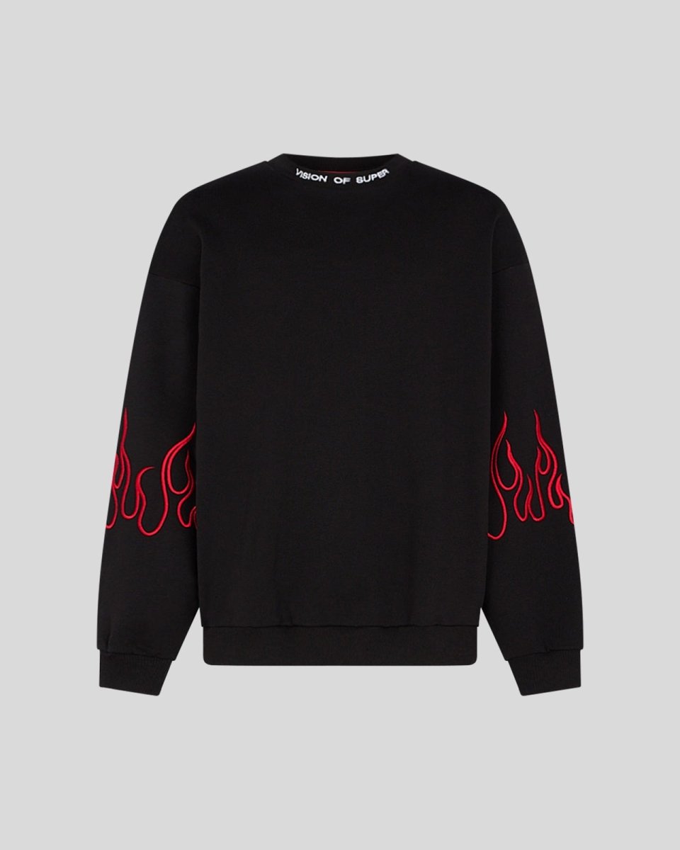 BLACK CREWNECK WITH RED EMBROIDERED FLAMES - Vision of Super