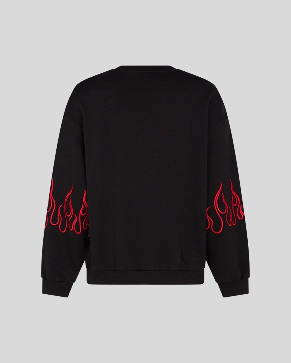 BLACK CREWNECK WITH RED EMBROIDERED FLAMES