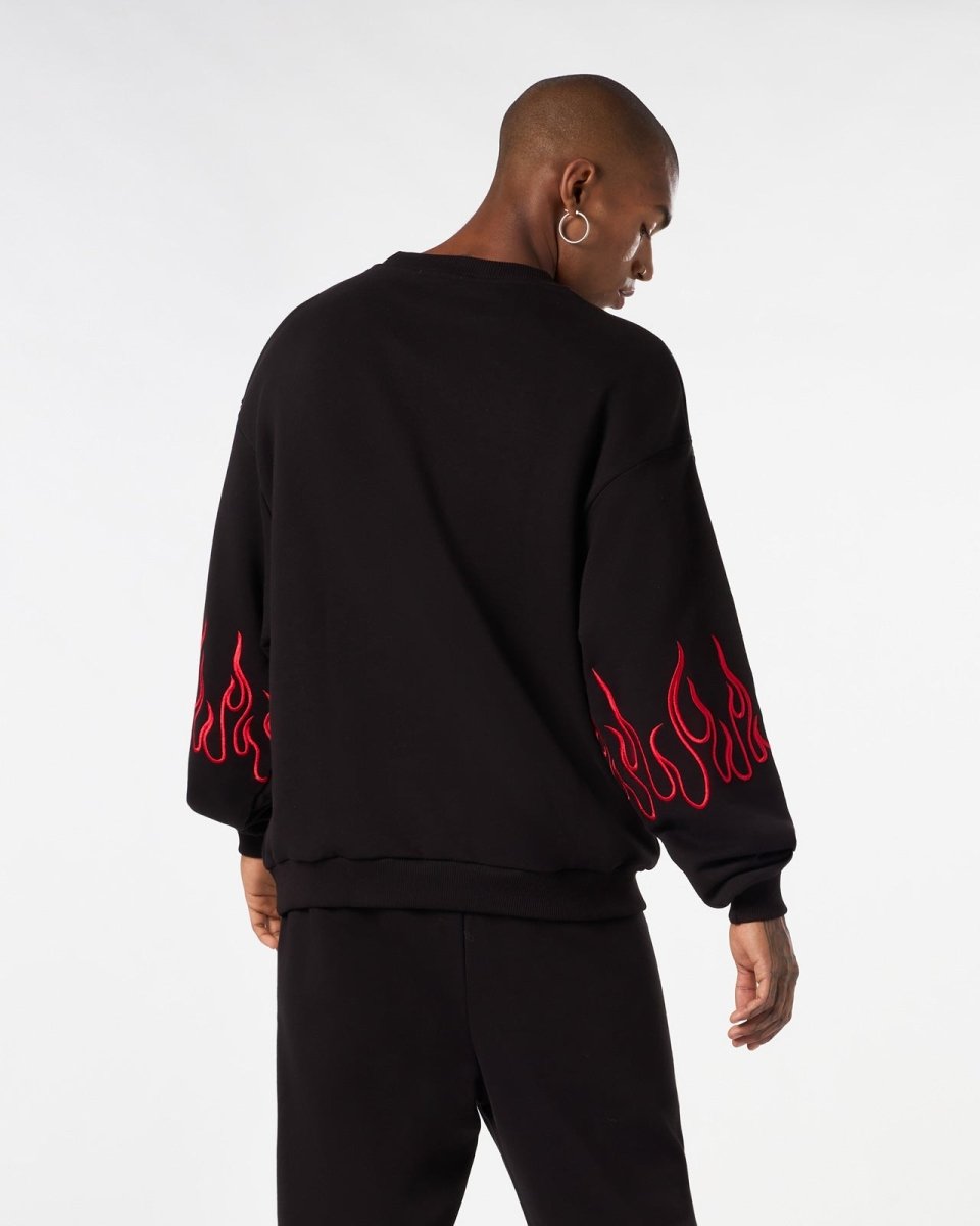 BLACK CREWNECK WITH RED EMBROIDERED FLAMES