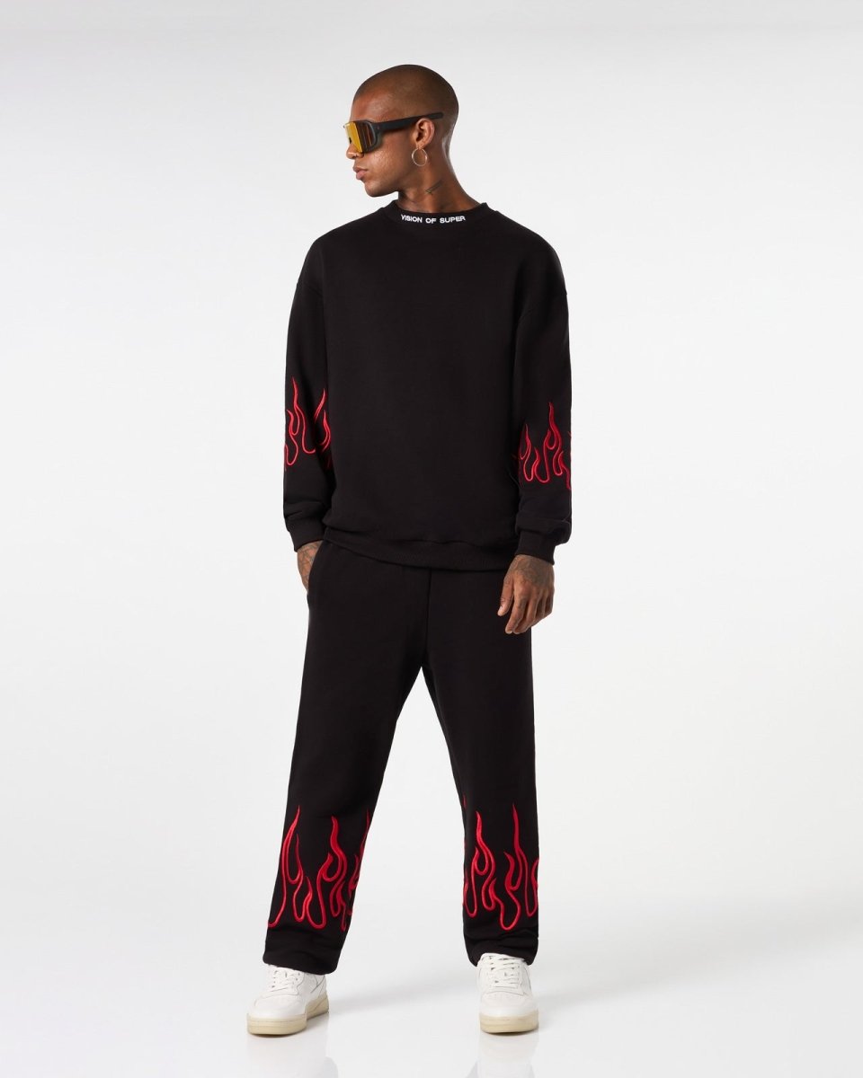 BLACK CREWNECK WITH RED EMBROIDERED FLAMES - Vision of Super