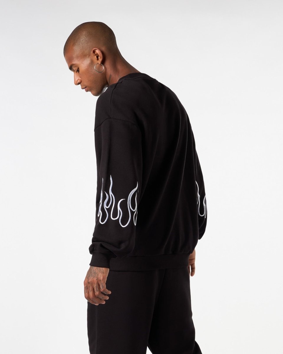 BLACK CREWNECK WITH WHITE EMBROIDERED FLAMES