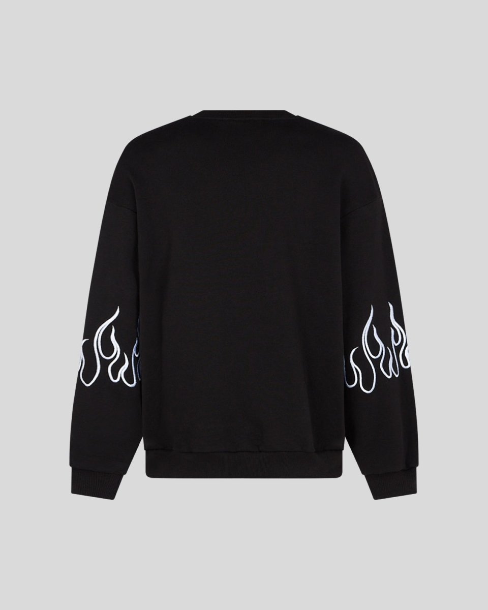 BLACK CREWNECK WITH WHITE EMBROIDERED FLAMES - Vision of Super