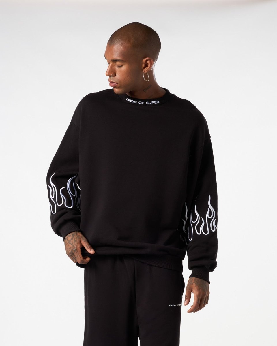 BLACK CREWNECK WITH WHITE EMBROIDERED FLAMES