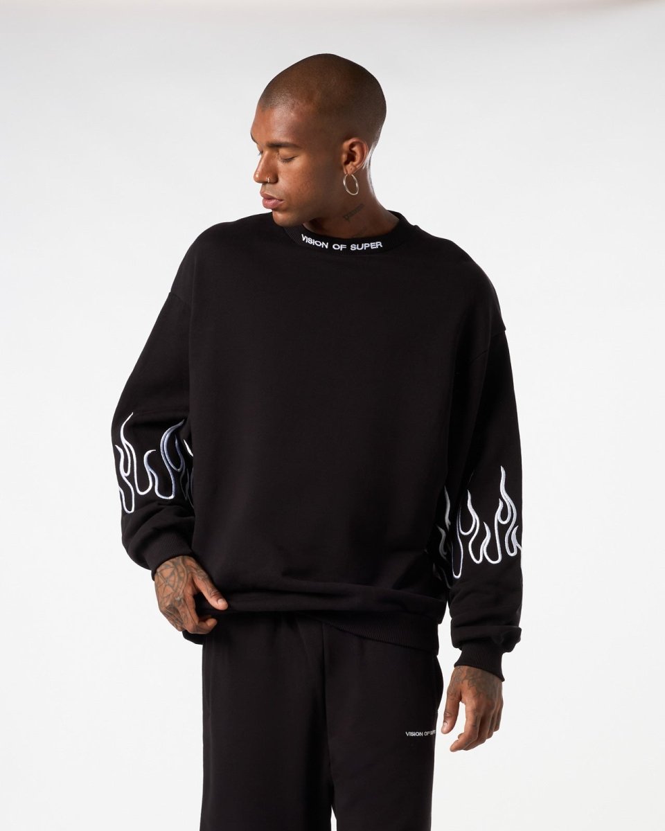 BLACK CREWNECK WITH WHITE EMBROIDERED FLAMES - Vision of Super