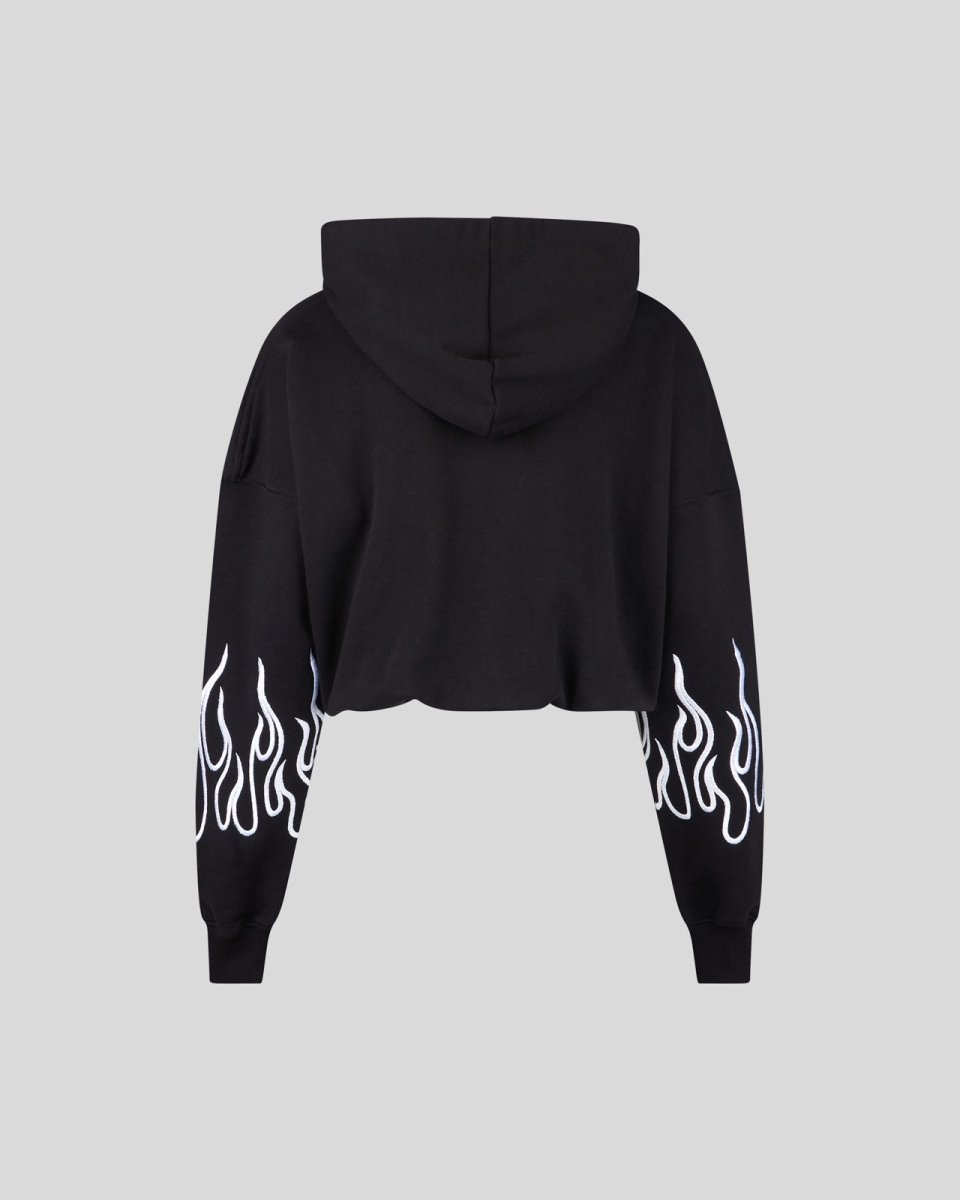 BLACK CROP HOODIE WITH WHITE EMBROIDERED FLAMES