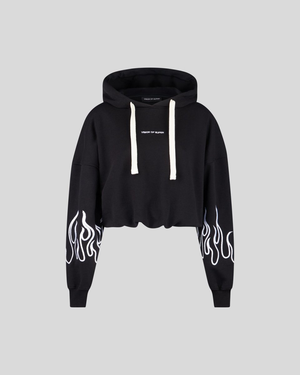 BLACK CROP HOODIE WITH WHITE EMBROIDERED FLAMES