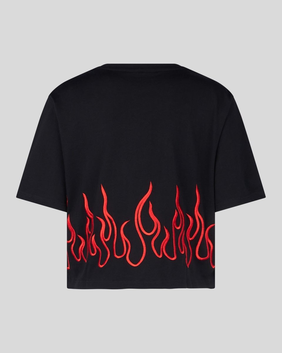 BLACK CROP T-SHIRT WITH RED EMBROIDERED FLAMES