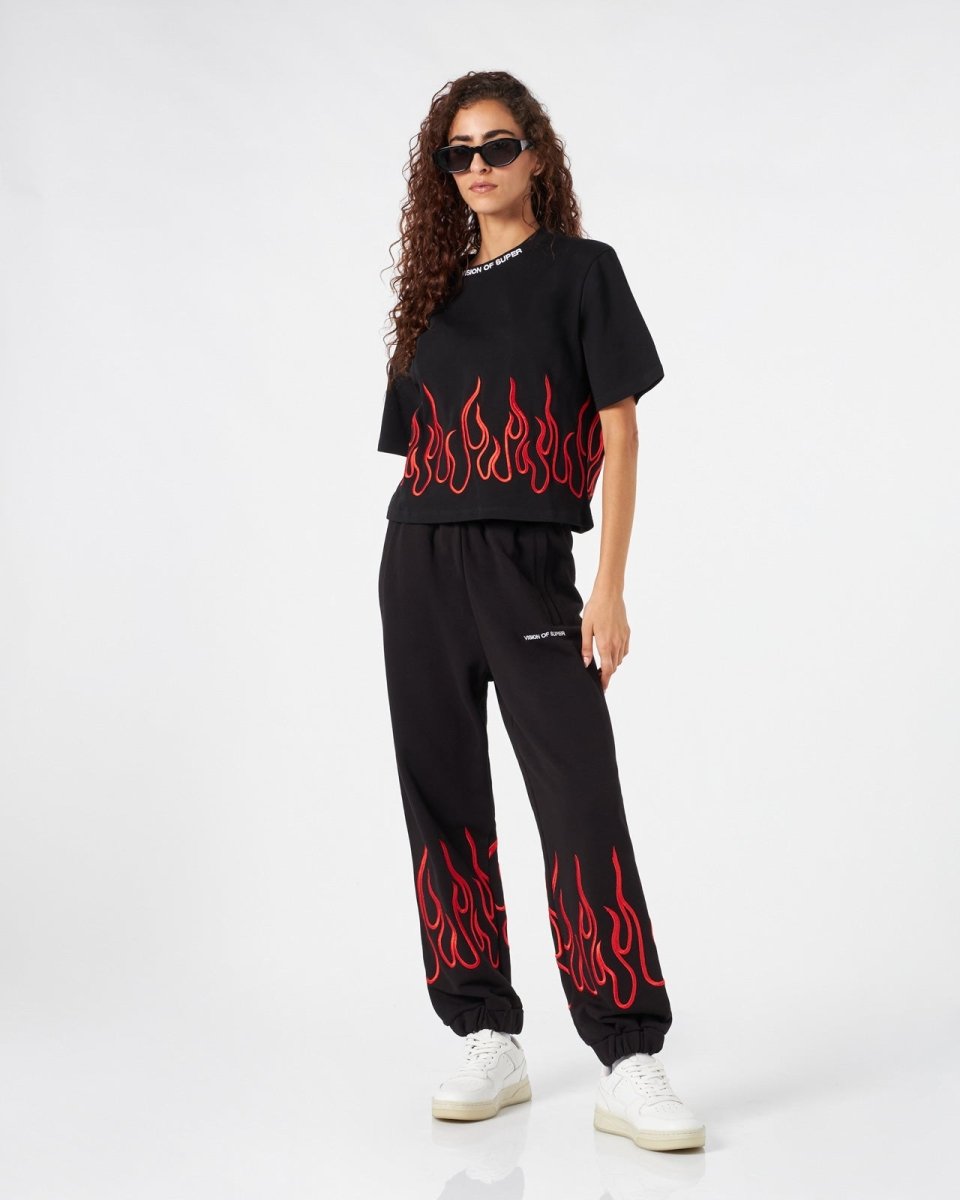 BLACK CROP T-SHIRT WITH RED EMBROIDERED FLAMES