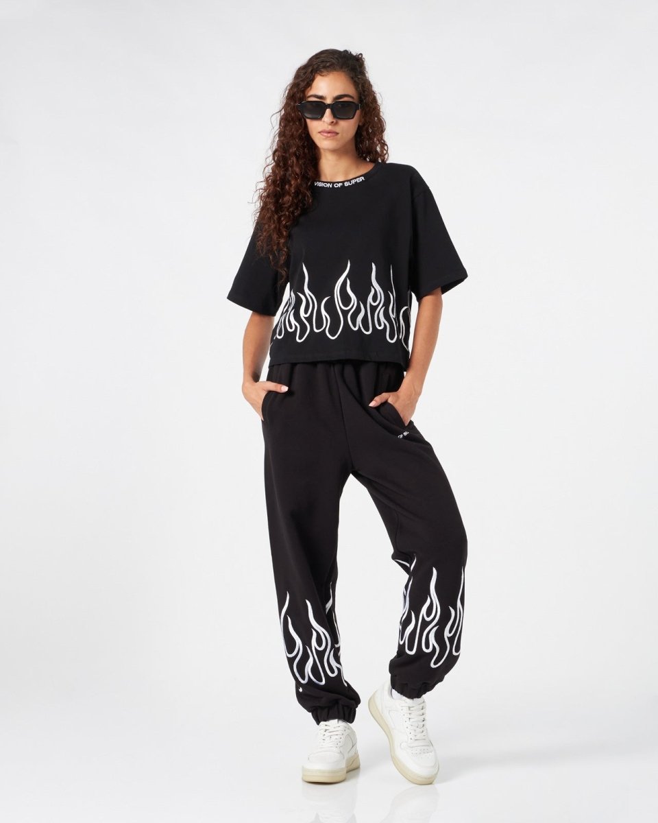 BLACK CROP T-SHIRT WITH WHITE EMBROIDERED FLAMES