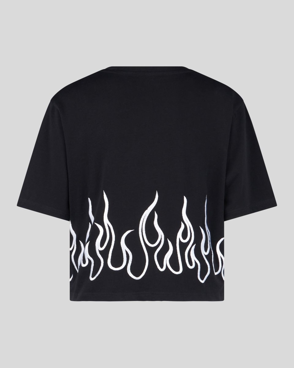 BLACK CROP T-SHIRT WITH WHITE EMBROIDERED FLAMES